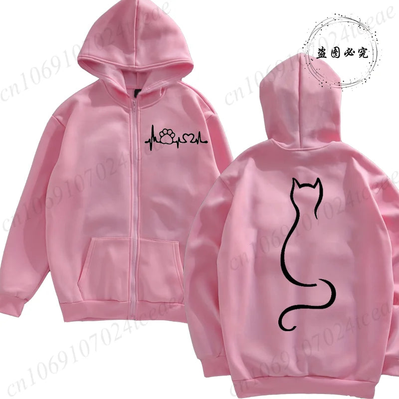 Women’s Cat Heartbeat Zipper Hoodie | Cute Zip-Up Sweatshirt | Autumn Winter Streetwear Jacket