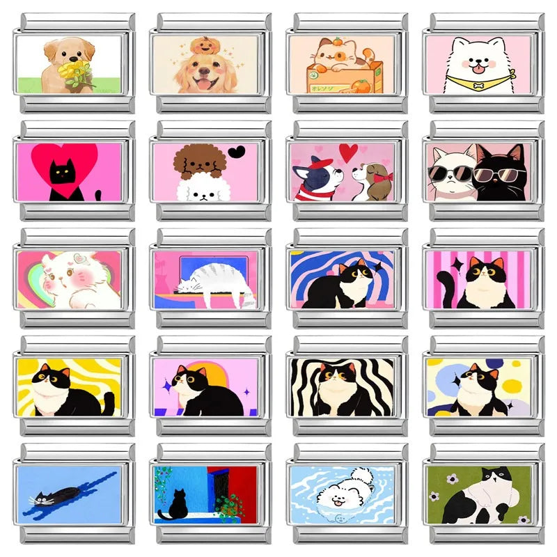 2025 Original Y2K Colorful Cute Cartoon Cats Dogs Italian Charm Links Fit 9mm Stainless Steel Bracelet Men Women DIY Making Gift