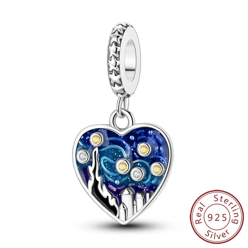 Blue 925 Sterling Silver Rotating Evil Eye Palm Moon Starry Sky Charms | Fit Original Bracelet Pendant Women Jewelry