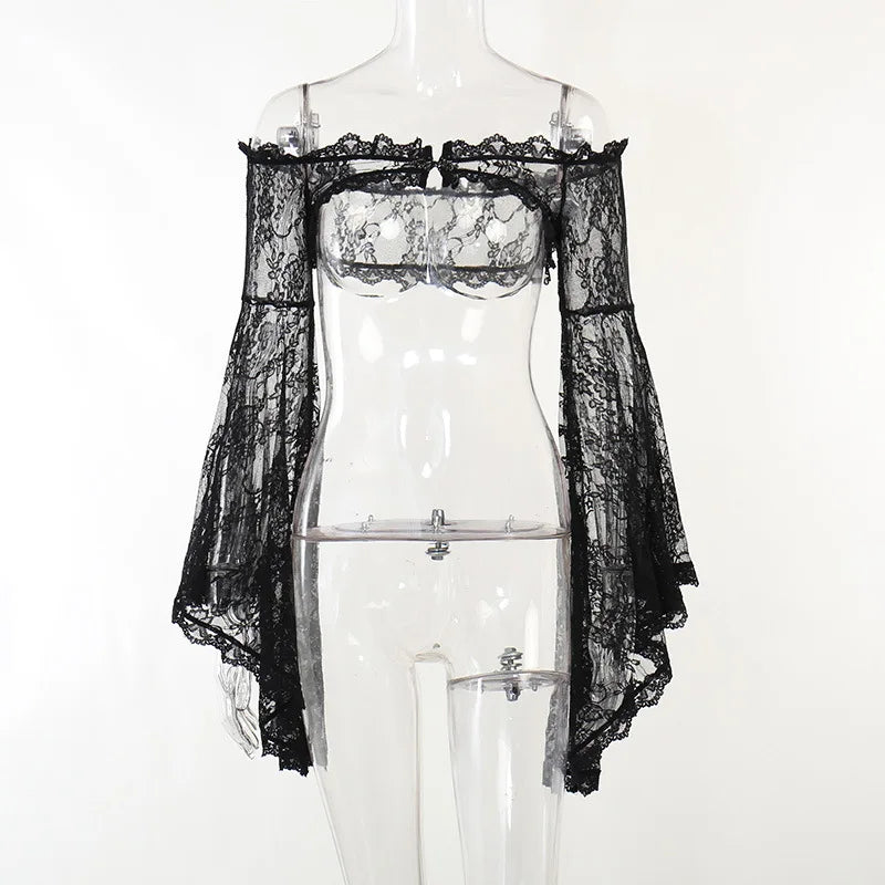 Dark Black Goth Top | Women’s Vintage Flared Sleeve Gothic T-Shirt Y2K Party Wear