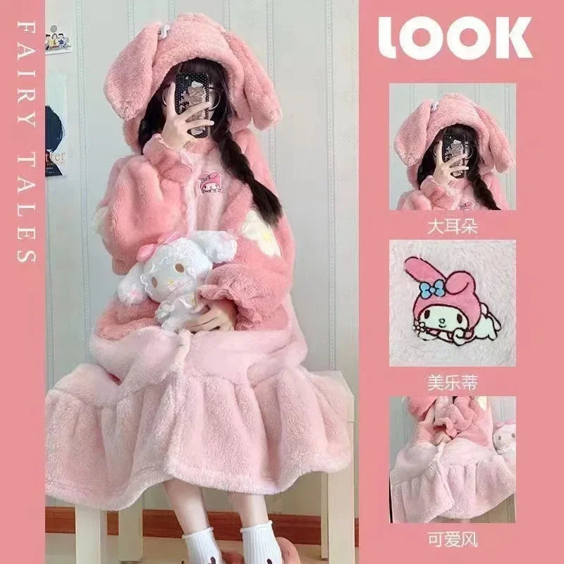 Kawaii Sanrio Hello Kitty Velvet Pajamas Set | Cute Cartoon Nightgown & Bathrobe | Girls & Couples Soft Home Wear