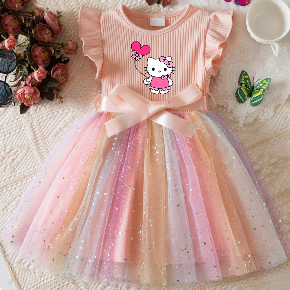 ✨ Hello Kitty Girls Sequins Dress 🎀 Rainbow Tulle Princess Dress 🌈 Toddler Birthday Party Outfit 👧 Ages 1–5 Years