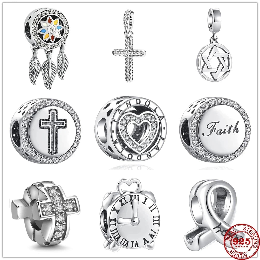 New 925 Sterling Silver Cross, Hope, Alarm Clock & Paw Charm | DIY Fine Beads for Original Bracelets & Pendant Charms for Women