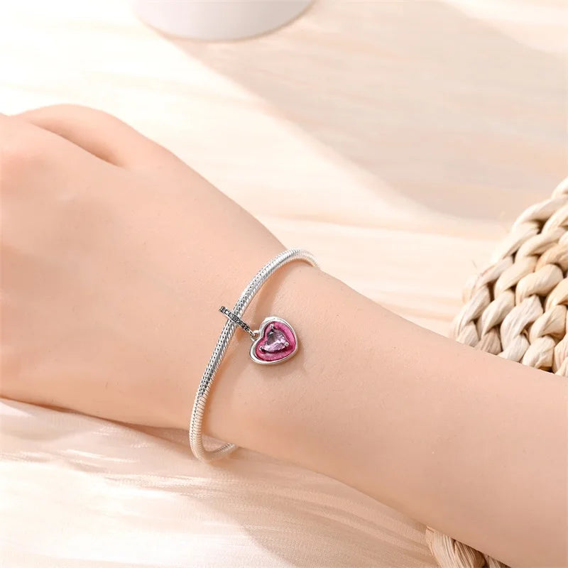 925 Silver Plated Magic Mirror Princess Angel Pink Charm Beads | Fits Original Pan 925 Bracelet | Exquisite DIY Jewelry