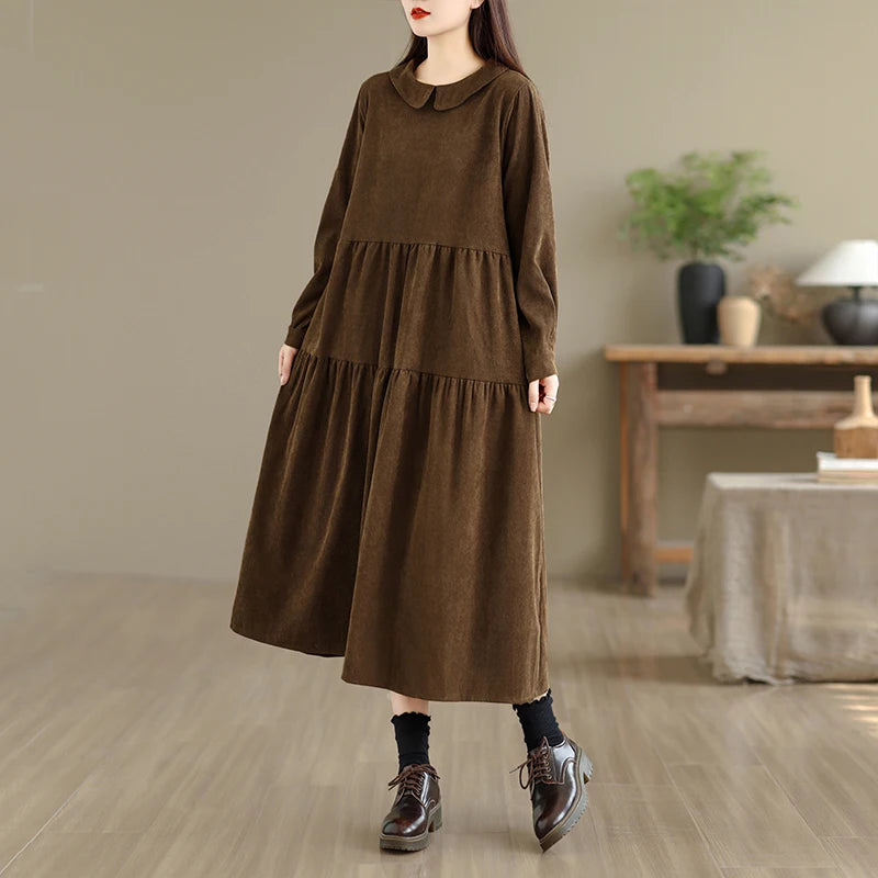 Corduroy Long Sleeve Doll Collar Dress 👗 Autumn Winter Loose A-Line Casual Midi Dress 🍂 Simple Chic Commute Dress