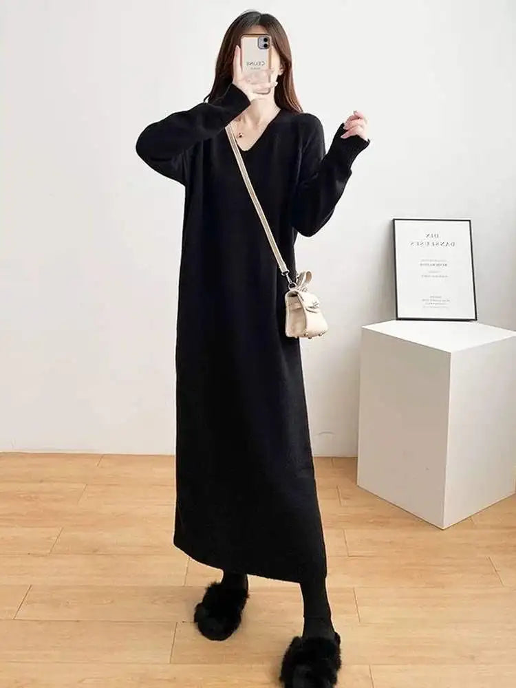Ladies’ Knitted V-Neck Dress – Loose Fit Base Layer Skirt, Casual Straight Tube Korean Style Autumn Winter Dress