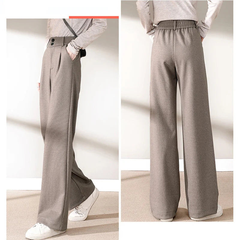 2024 Autumn Winter Women’s Woolen Wide Leg Pants – High Waist Thick Draping Trousers