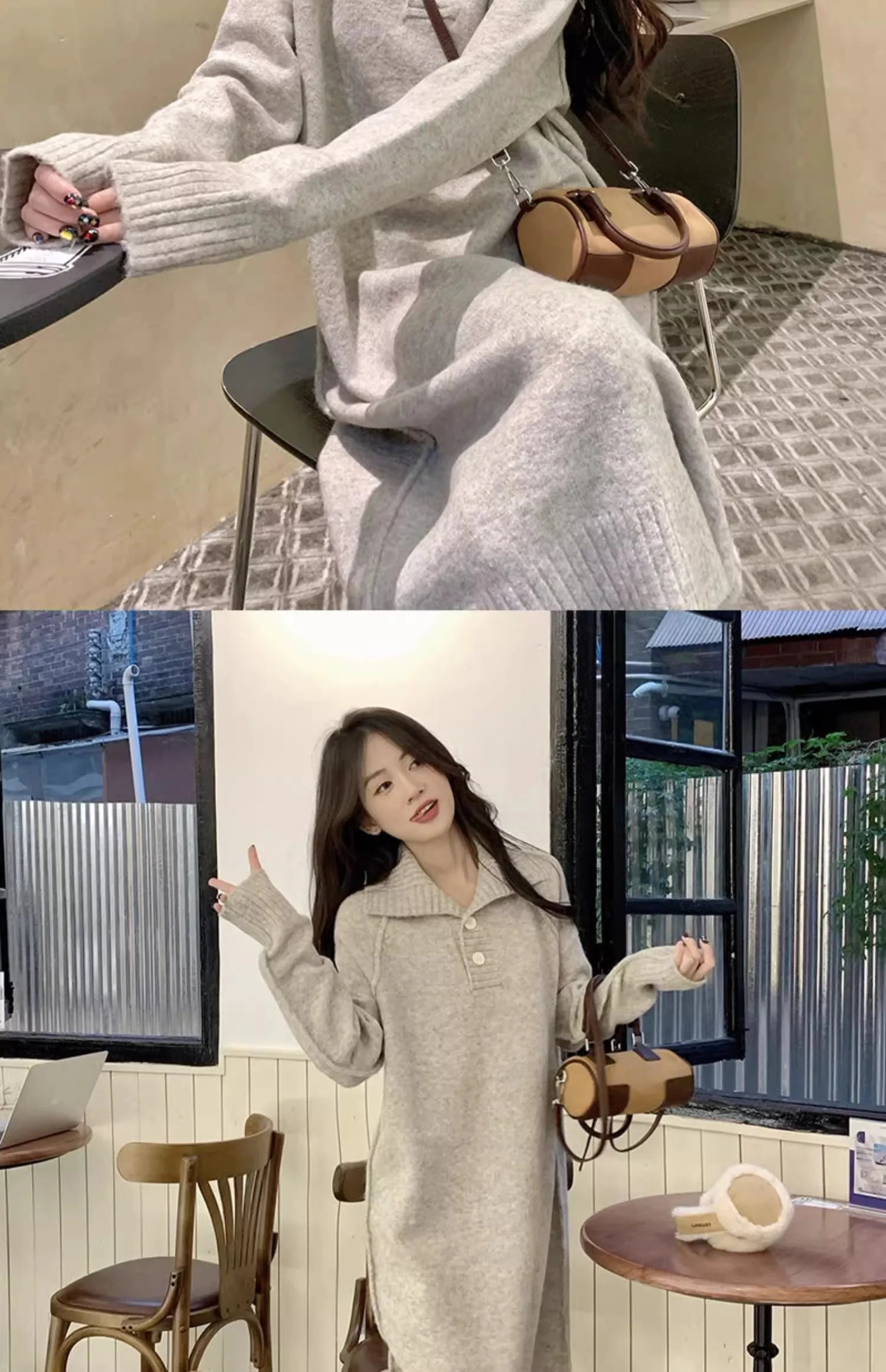 Women’s V-Neck Knitted Dress – Loose Fit Mid-Length Knee-Over Sweater Dress, Autumn Winter Base Layer Inner Wear