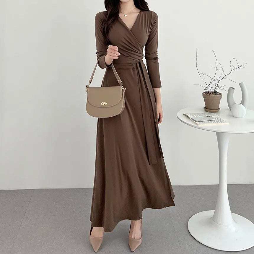 ✨ Slimming V-Neck Cross Wrap Long Dress 👗 Women's Base Layer Dress 🌸 Belted Waist Split Long Sleeve Colorful Commute Wear