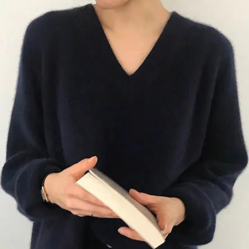 Women’s V-Neck Knitwear – Retro Japanese Style Loose Fit Long Sleeve Crew Neck Top | Spring & Autumn 2025