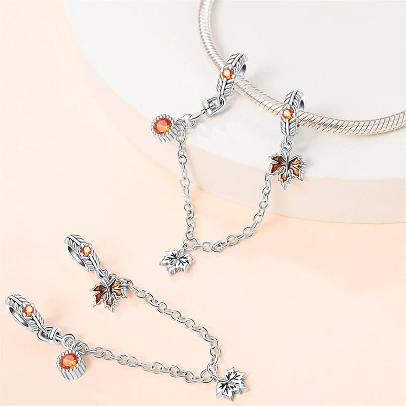 925 Sterling Silver Squirrel & Maple Leaf Charm | Shiny Zircon Autumn Beads Fit Pandora Bracelet DIY Jewelry
