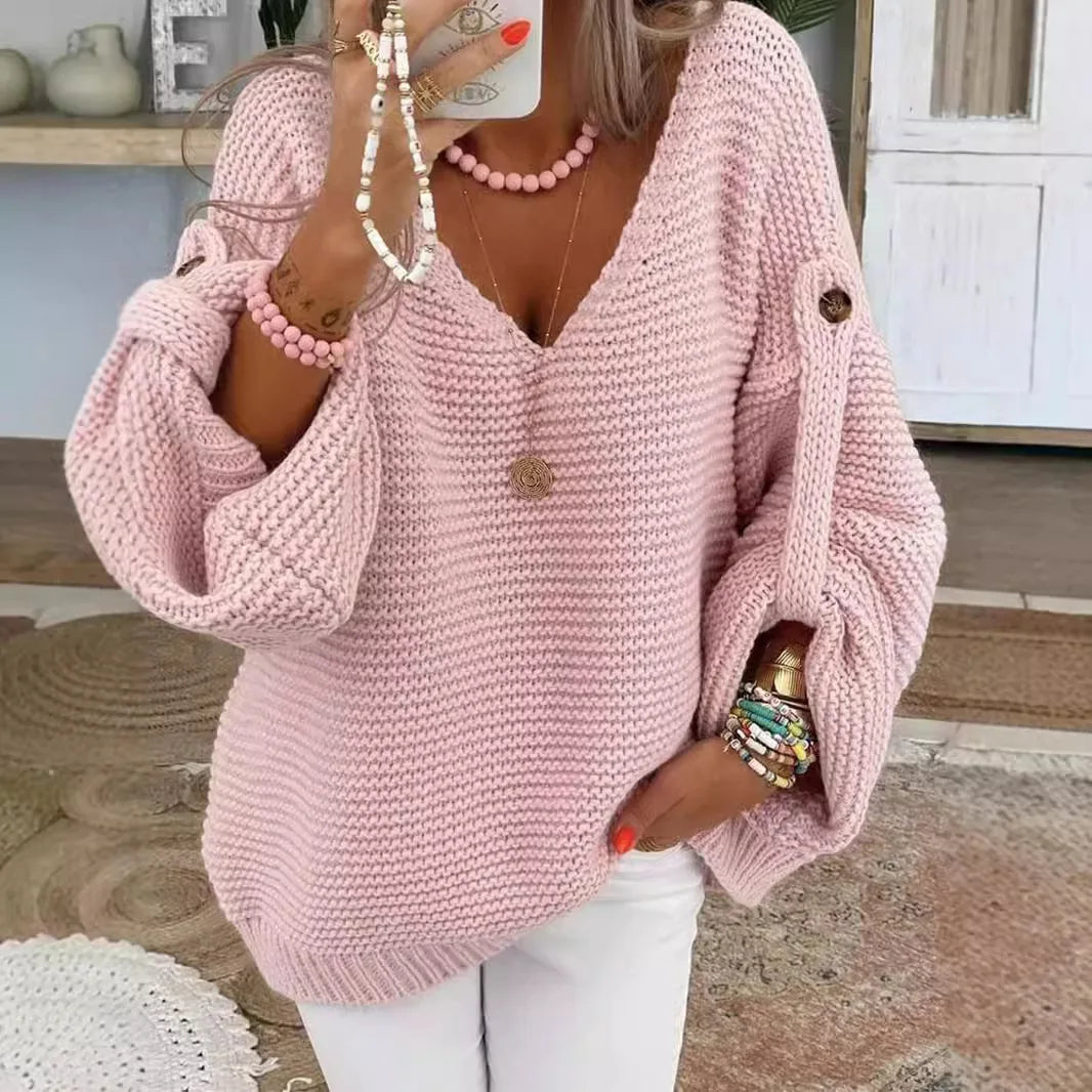 Casual Knitted V-Neck Sweater for Women | Fall Winter Elegant Button Pullover Jumper