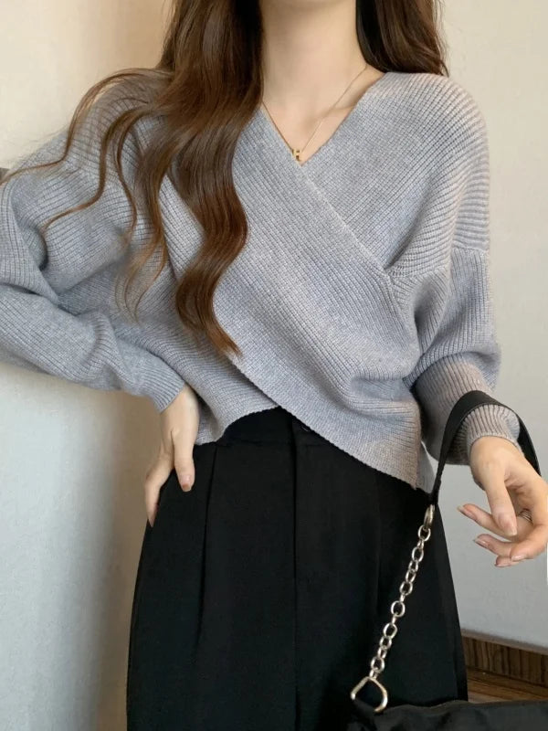 2025 New Korean Style Casual Slim Fit Knitted Top – Cross Neck Lazy Sleeve Design Sensation
