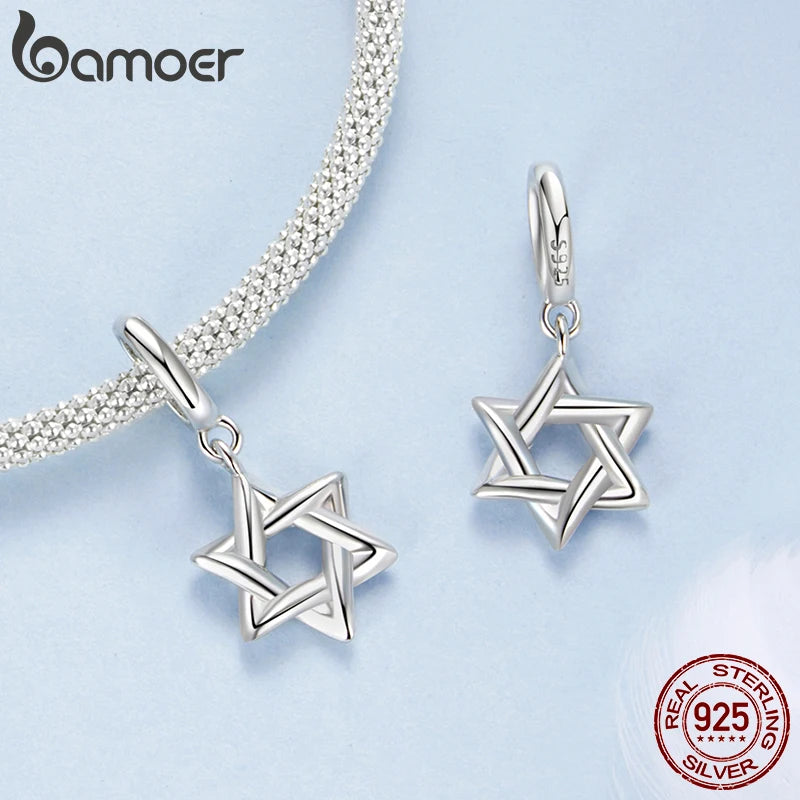 BAMOER 925 Sterling Silver Star of David Pendant | Polished Hexagram CZ Bead | Fits Original Bracelet DIY Jewelry Accessories