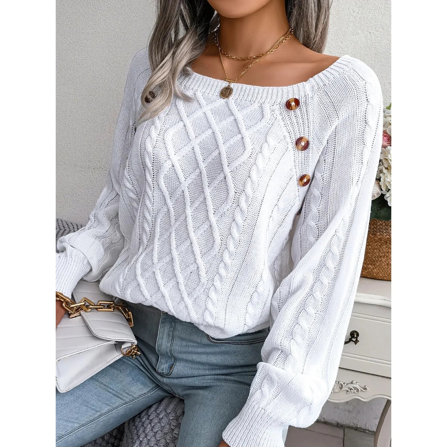 Women’s Casual Square Collar Knitted Pullover Sweater – Long Sleeve Autumn Winter 2025 Top