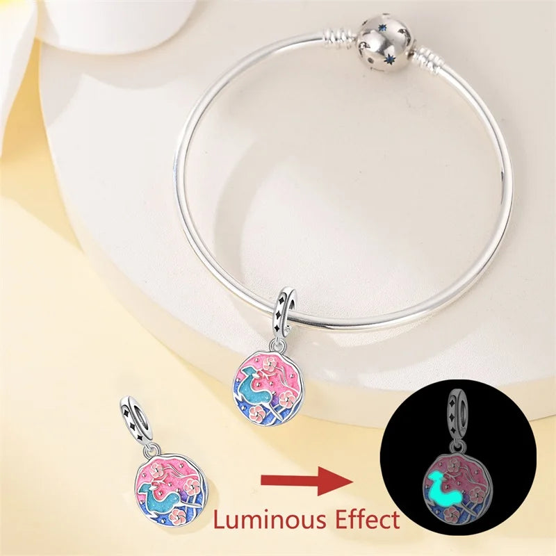 Original 925 Sterling Silver Luminous Lantern & Magic Cat Charm Bead | Glowing Angel Jungle Pendant for Bracelet Jewelry