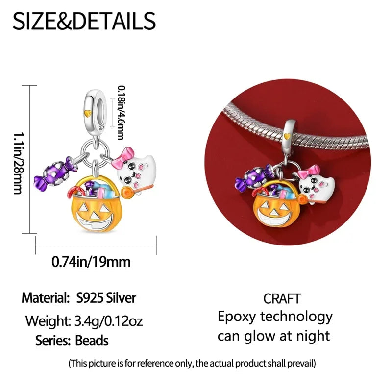 925 Sterling Silver Halloween Luminous Skull & Pumpkin Charms | Fits Original Pandora Bracelet | Party DIY Jewelry Gift