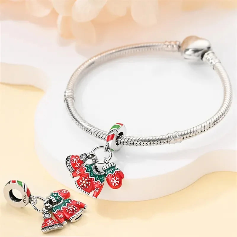 925 Silver Disney Christmas Charm Trio | Mickey Wreath Minnie Ice Skating Bead Pendant Fits Pandora Bracelet