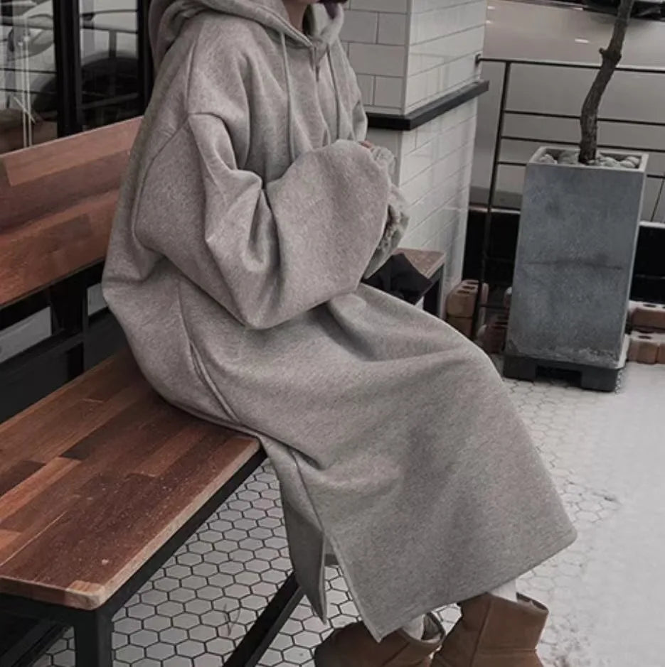 Chic Winter College Long Hoodie Dress ❄️ Lazy Fleece A-Line Side Slit Dress 👗 Pure Color Polyester Fiber 🧵