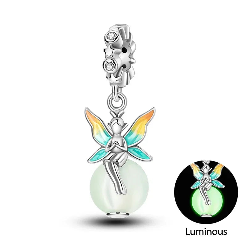 925 Sterling Silver Luminous Fairy Cat Owl Dragon Glass Charm | Original Design Bead for Bracelet DIY Jewelry