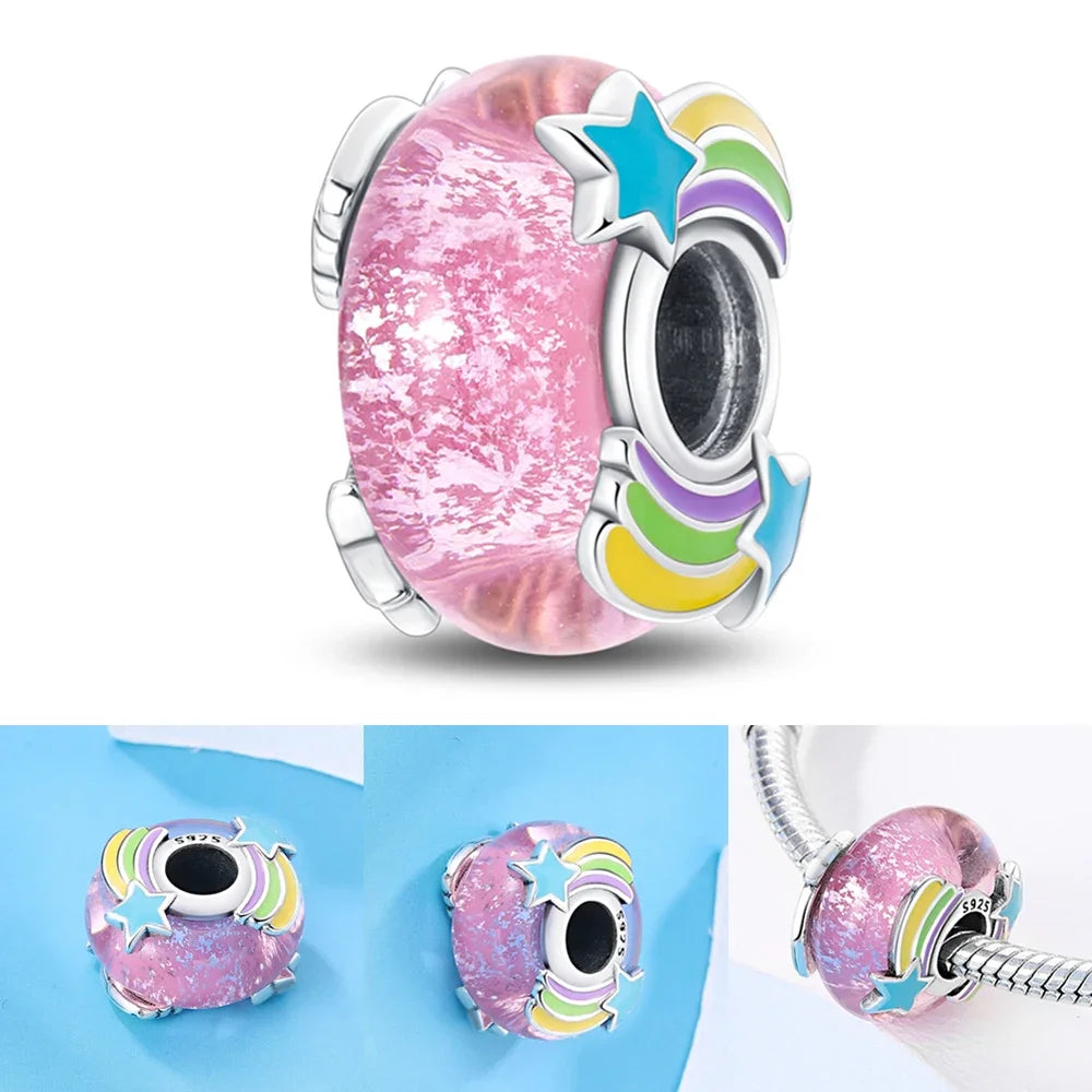 2025 Classic 925 Sterling Silver Colored Flower & Leaf Murano Glass Charm Beads | DIY Bracelet