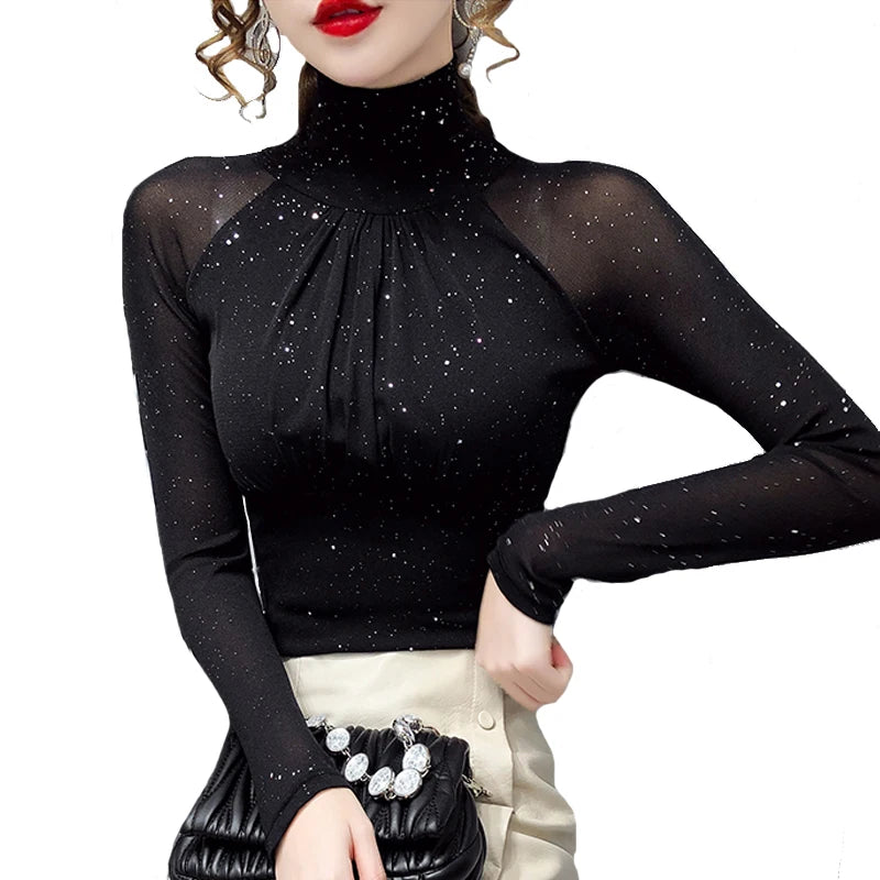 Korean Fashion Women’s Mesh High Neck Top – Sexy Black Silk Casual Bottoming Shirt 🌿✨