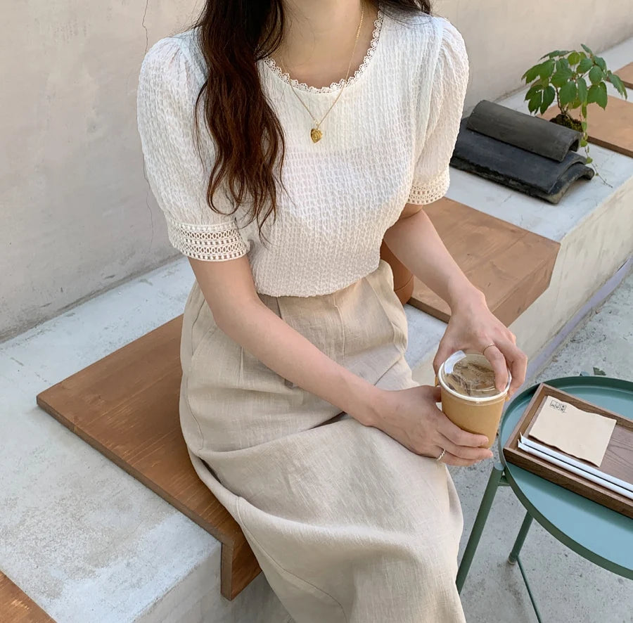 Elegant White Lace Hollow Out Blouse | Fairy-Style Bubble Sleeve Summer Top for Women