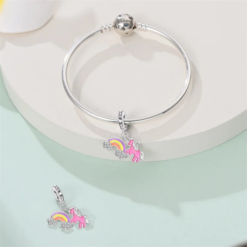 925 Silver Plated Magic Mirror Princess Angel Pink Charm Beads | Fits Original Pan 925 Bracelet | Exquisite DIY Jewelry