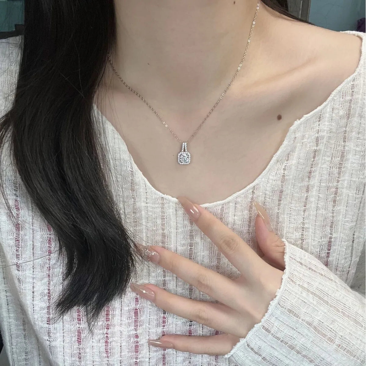 Classic Square 925 Sterling Silver Women’s Necklace – 1 Carat D Color Moissanite Luxury Jewelry for Date & Party