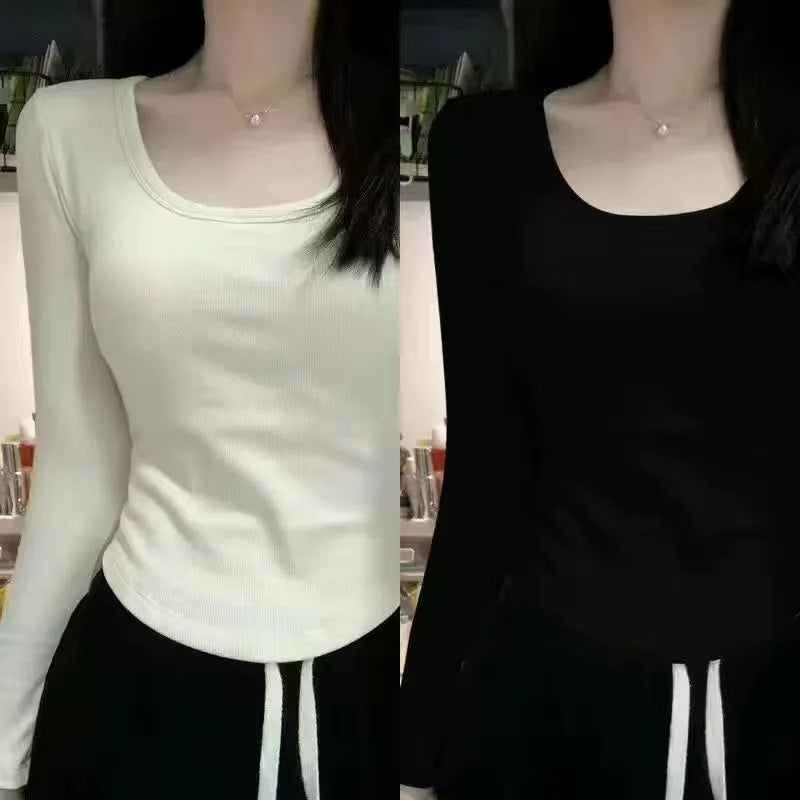 Women's Fleece-Lined Long Sleeve T-Shirt ❄️ Sweet Slim Fit U-Neck Top 👚 Autumn Winter Warm Fashion