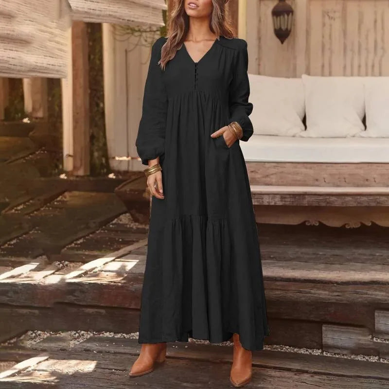 New Autumn Winter Women’s Long Dress – Retro V-Neck Button Long Sleeve Cotton Dress | Wide Swing Casual Fashion