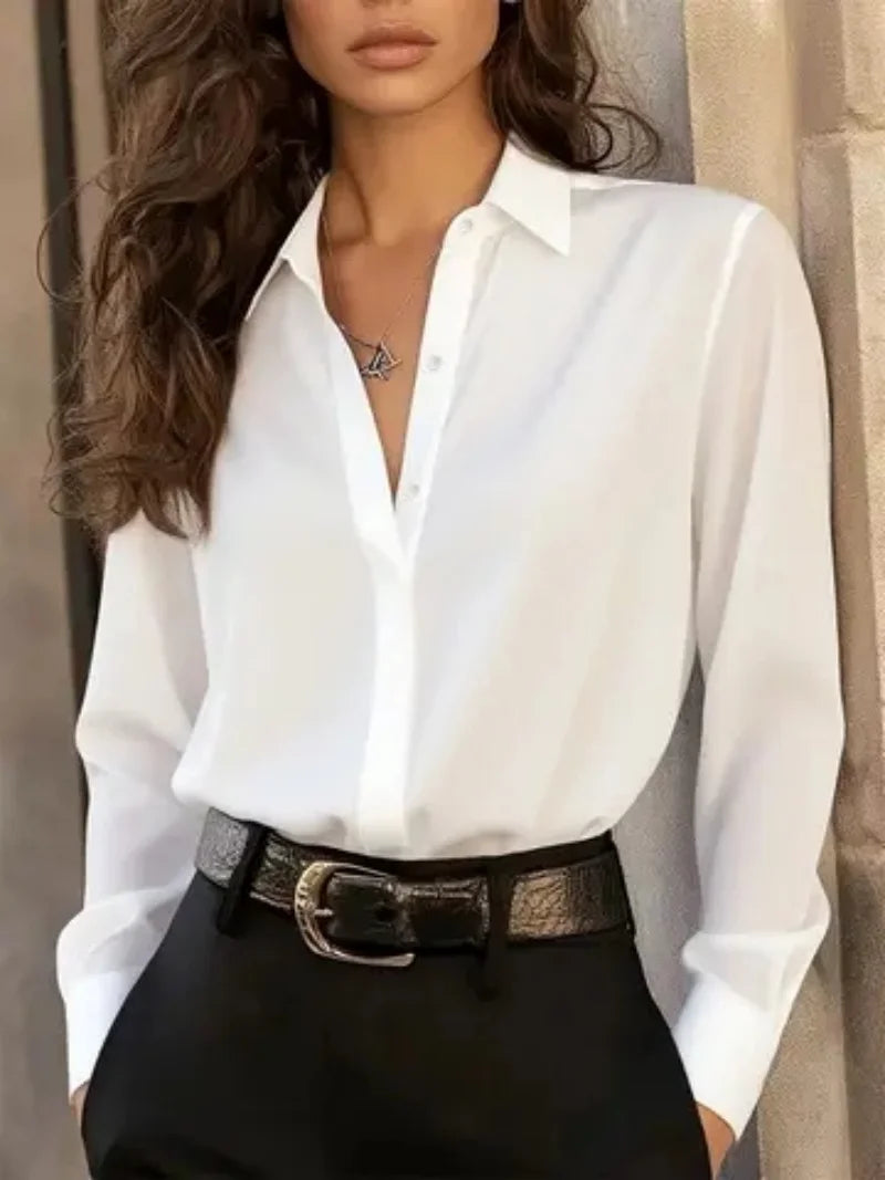 Women’s Long Sleeve Button Down Blouse – Elegant Office Chic Shirt with Classic Collar & Versatile Style ✨