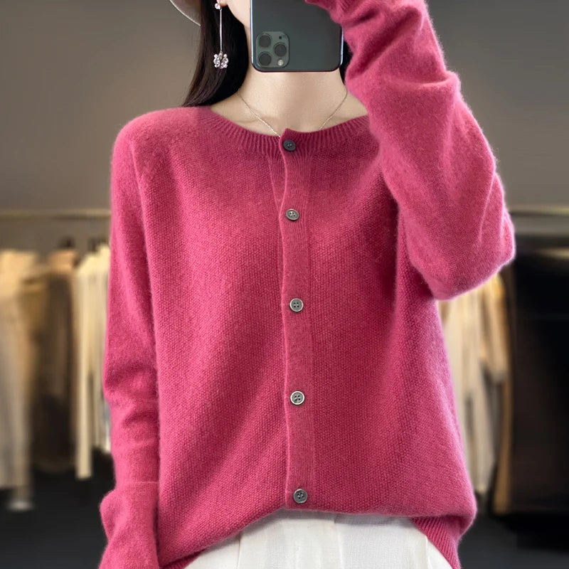 Women’s 100% Pure Wool Loose Cardigan – Autumn Winter Round Neck Solid Color Top 🍂🧶