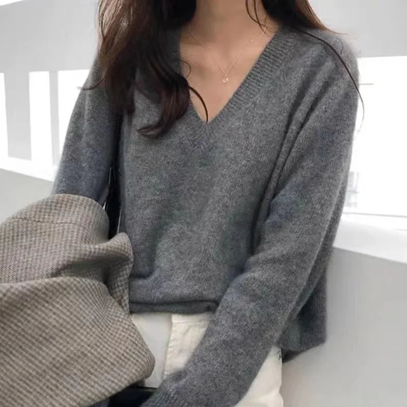 Women’s V-Neck Knitwear – Retro Japanese Style Loose Fit Long Sleeve Crew Neck Top | Spring & Autumn 2025