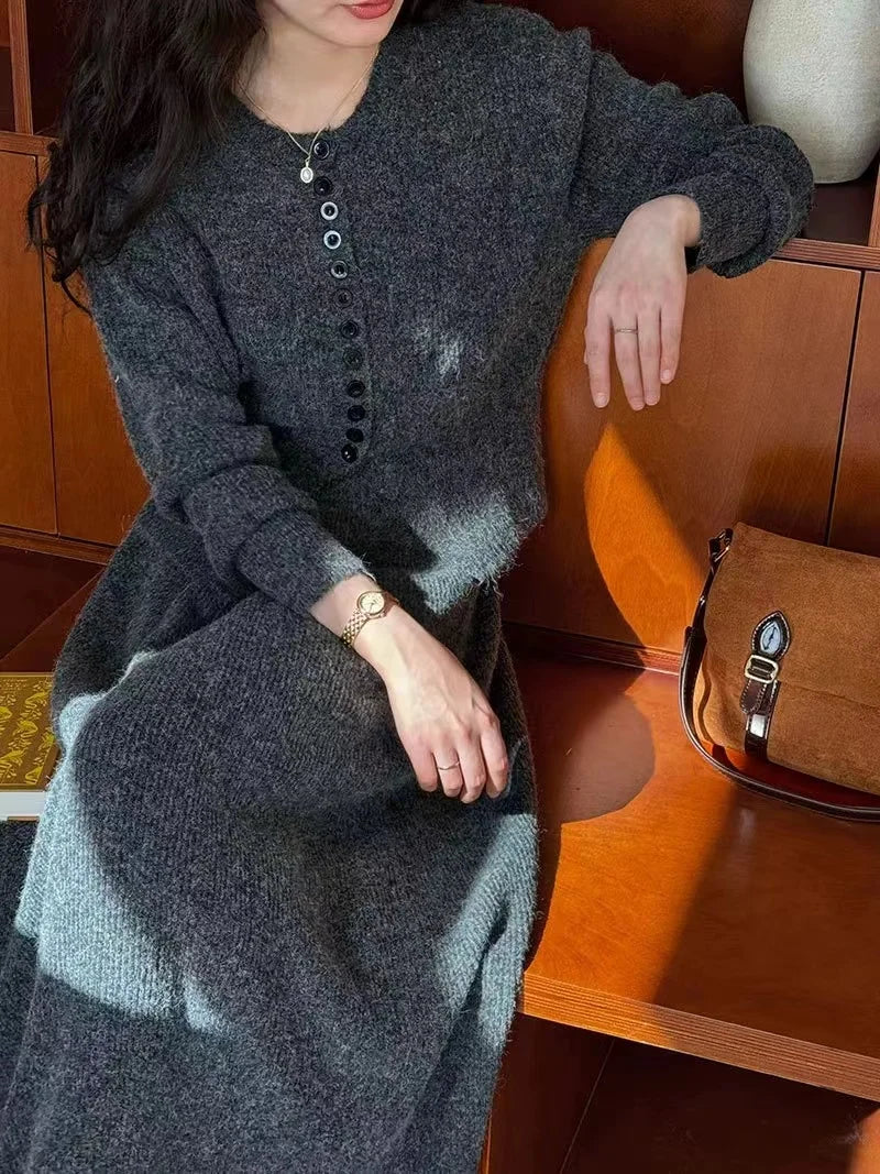 🍂 Soft Cozy Women’s Knitted Sweater & Cardigan Top 👚 Plus Dress Two-Piece Set ✨ Autumn Winter Long Sleeve Commute Wear