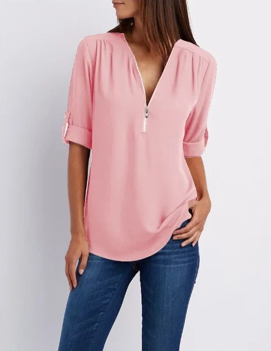 Summer Women’s Chiffon Blouse | Deep V-Neck Zipper Tops | Casual Loose Long Sleeve Plus Size Shirt