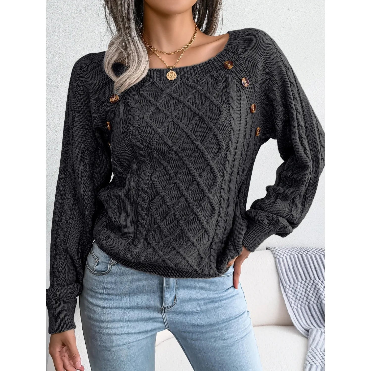 Women’s Casual Square Collar Knitted Pullover Sweater – Long Sleeve Autumn Winter 2025 Top