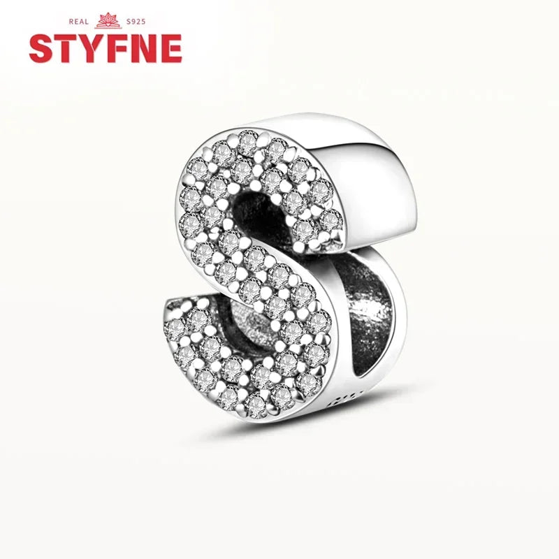925 Sterling Silver Alphabet Letter Charm Beads with Shiny Zircon – A-Z Initial Beads for Pandora DIY Bracelet & Women’s Jewelry