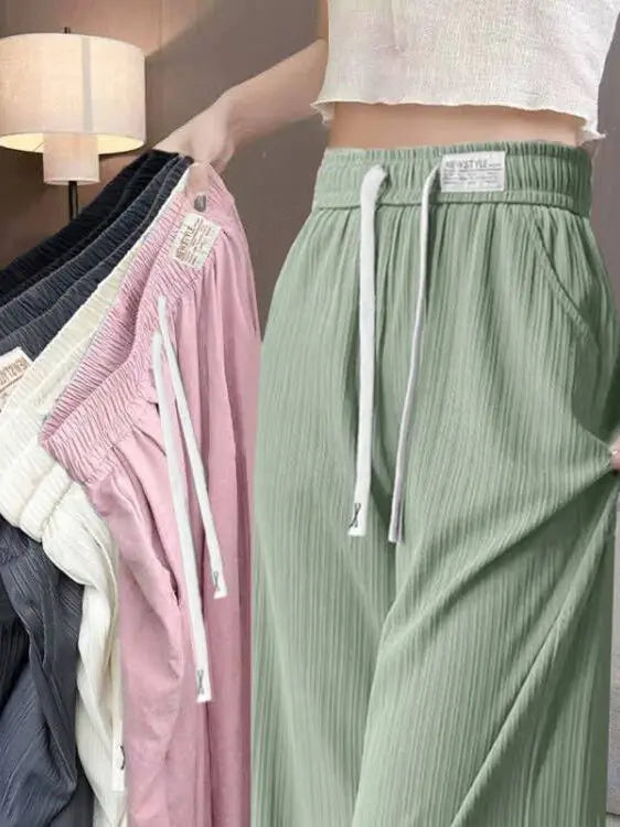 New 2025 Women’s Ice Silk Wide Leg Pants – High Waist Loose Thin Straight Casual Korean Trousers