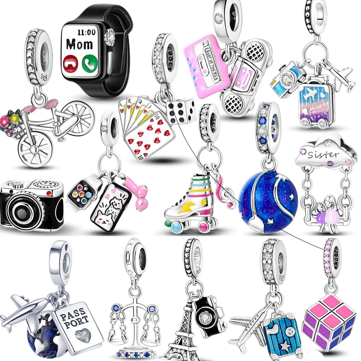 925 Sterling Silver Funny Playable Charms Beads | Smart Watch Tarot Bike Travel Dangle Fit Pandora Bracelet DIY Jewelry