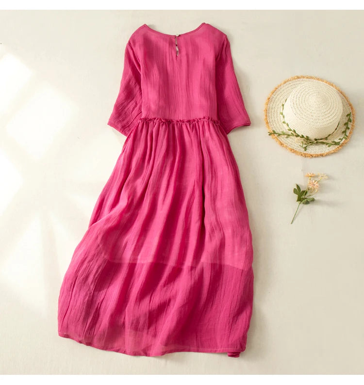 Women’s Summer Lightweight Cotton Dress – Long Sleeve Loose Waist A-Line Retro Dress with Belted Splice