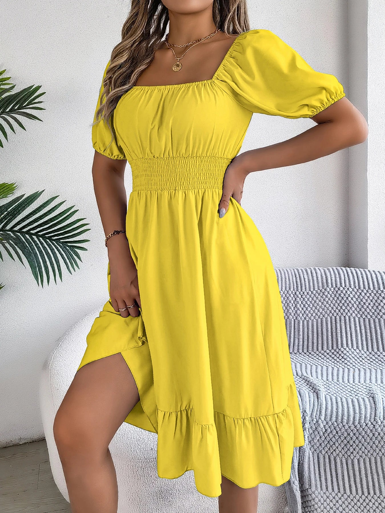 2026 Women’s Elegant High-Waisted Dress – Square Neck, Short Sleeve, Ruffled Edge Long Dress | Spring Summer Valentine’s Day