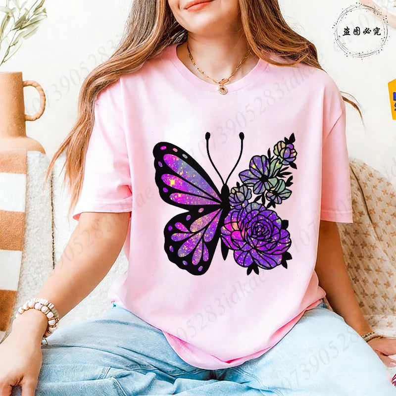 Women's Butterfly Flower Graphic T-Shirt – Aesthetic Short Sleeve Casual Summer Tee 2026 🦋🌸
