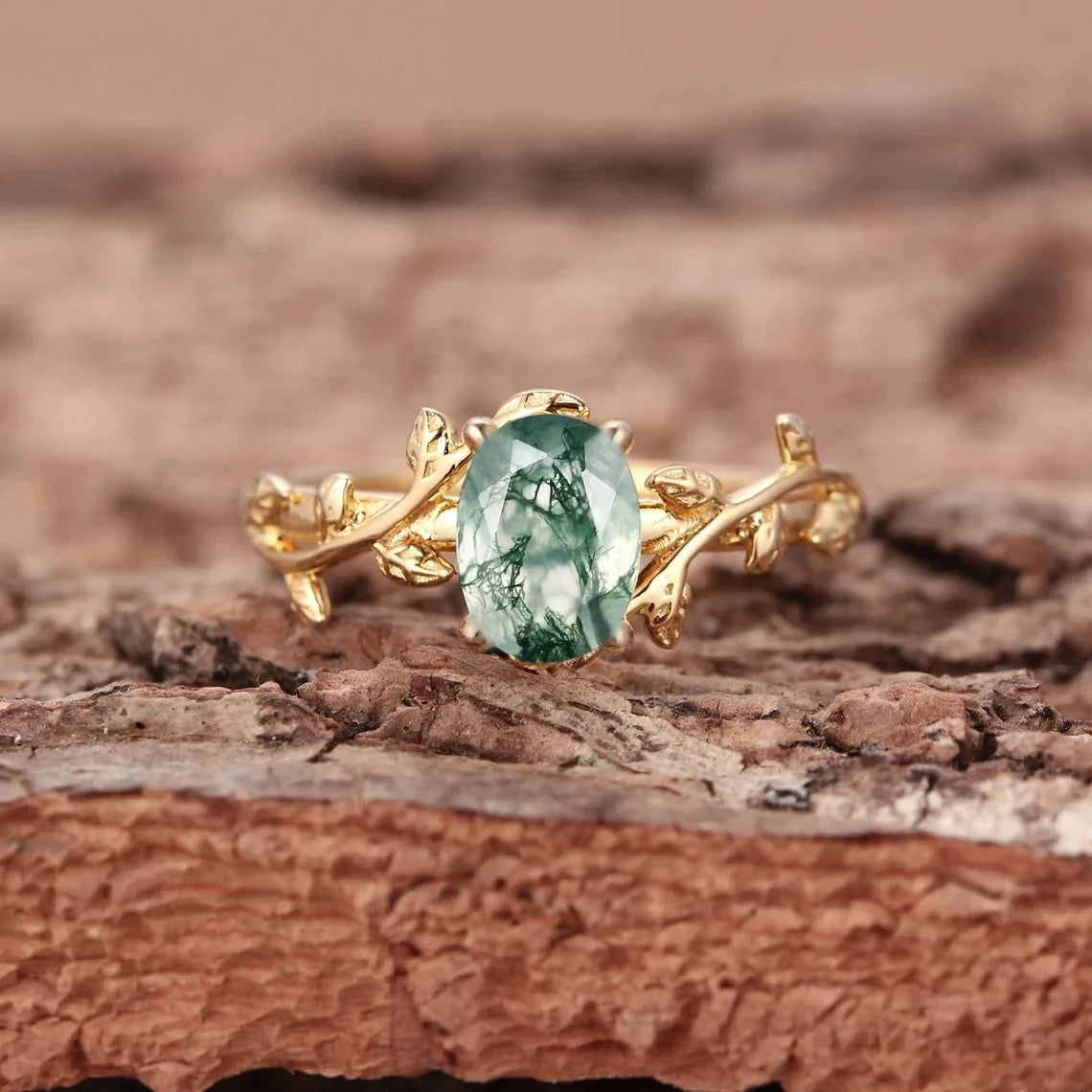 Real 925 Sterling Silver Moss Agate Oval Leaf Branch Ring for Women | Wedding & Cocktail Jewelry Gift