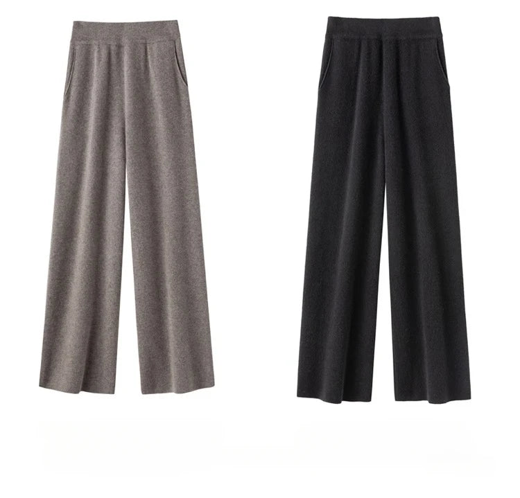 Elegant Women’s High Waist Wide-Leg Pants – Baggy Straight Knitted Trousers with Pockets