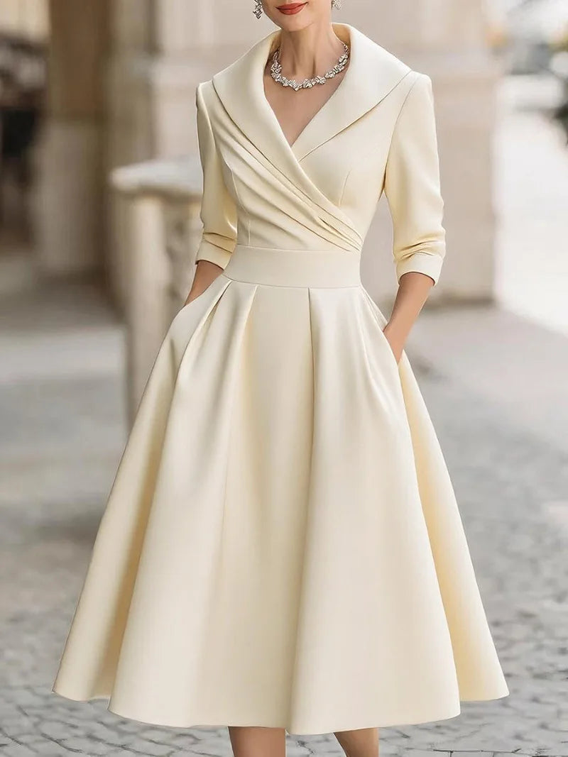 Elegant Solid Color V-Neck Waist Cinching Dress – Autumn Winter Women’s Long Sleeve Sexy Dress with Pockets | Ropa Mujer