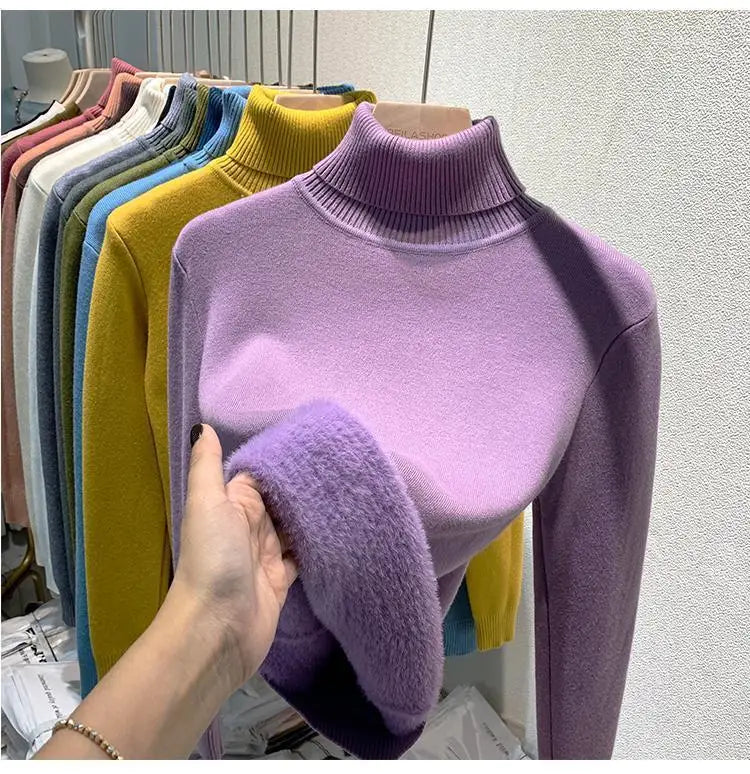 2025 Women’s High Collar Pullover Sweater – Thick Warm Soft Winter Top | Solid Color Bottoming Shirt