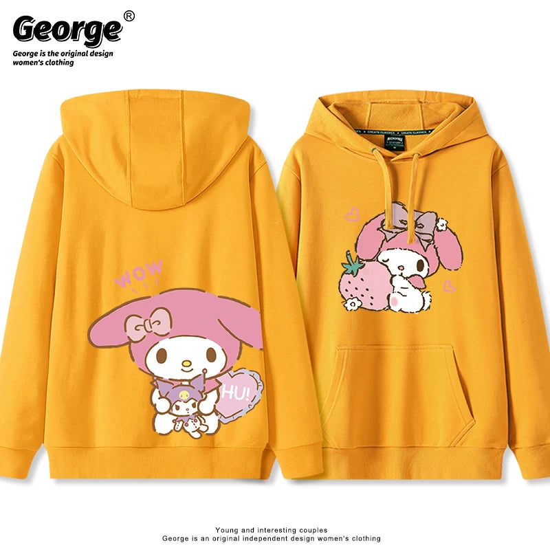 Japanese Retro My Melody Hoodie – Soft Strawberry Print Loose Casual Cute Girl Top 🍓🎀