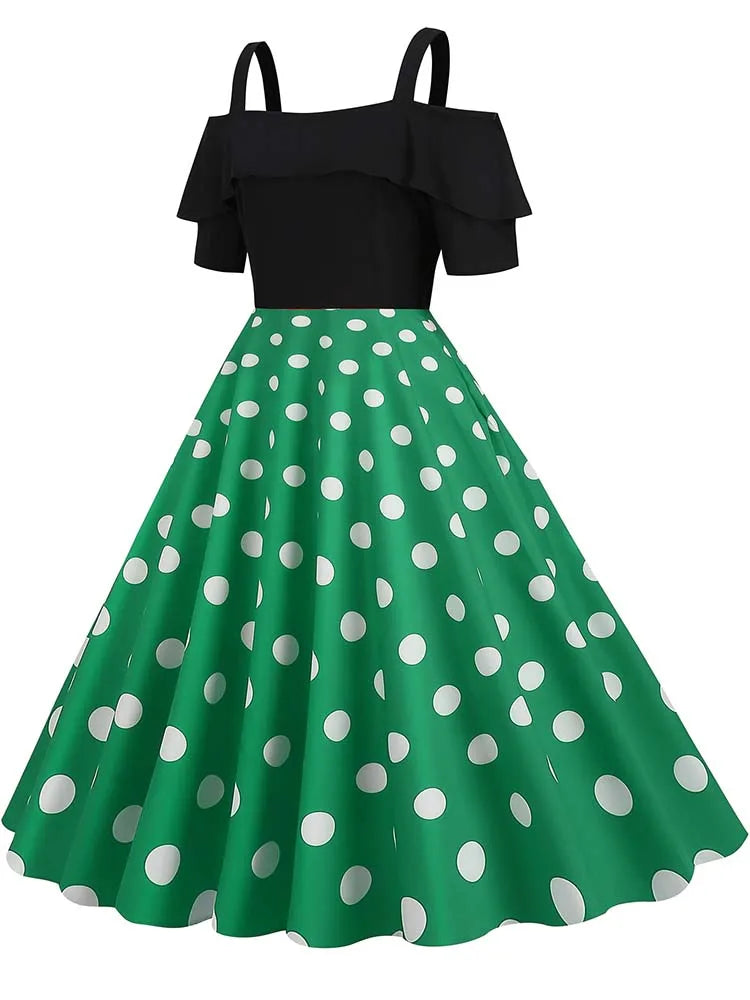Off-Shoulder Elegant Vintage Party Dress – Women’s Summer Polka Dot Ruffles A-Line Midi Dress