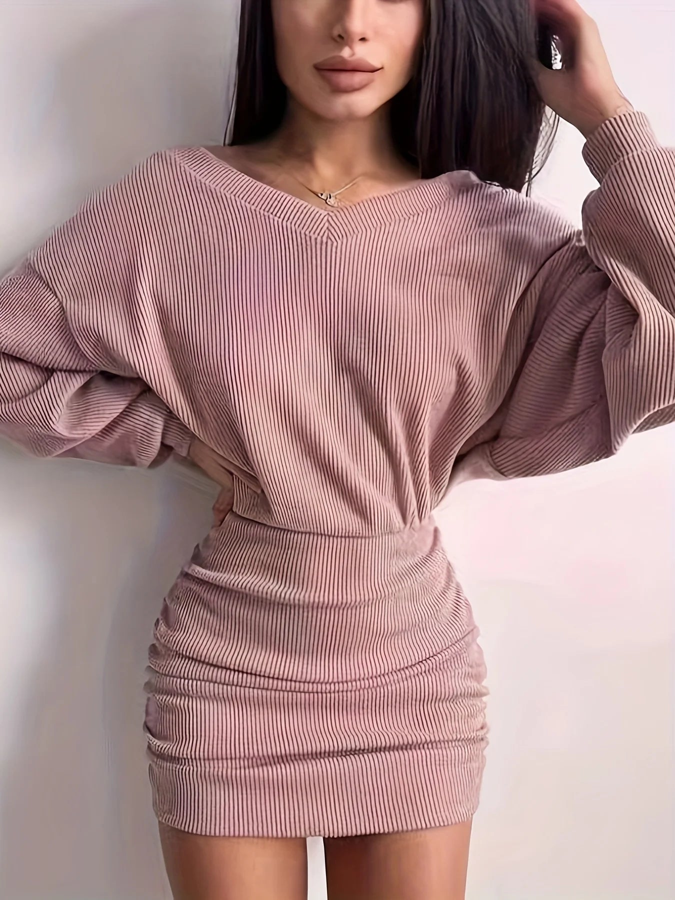 Ruched Bodycon Mini Dress for Women | Sexy V-Neck Long Sleeve Bag Hip Dress | Elegant Party & Night Out Outfit